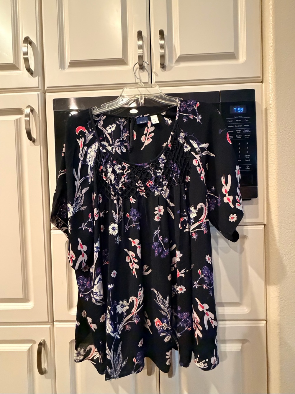 Black Floral Smocked Yoke Tunic Top - Navy & Pink Floral